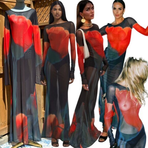 🆕 RAT & BOA 🧿 NWOT Juniper Sheer Long Sleeve Dress, Dark Red Tulip, Sz XL - Picture 1 of 13